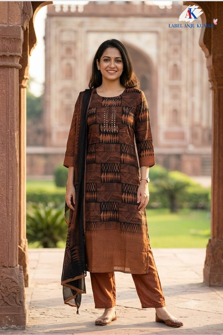 Rust Pure Natural Crepe Straight Suit Dupatta Set