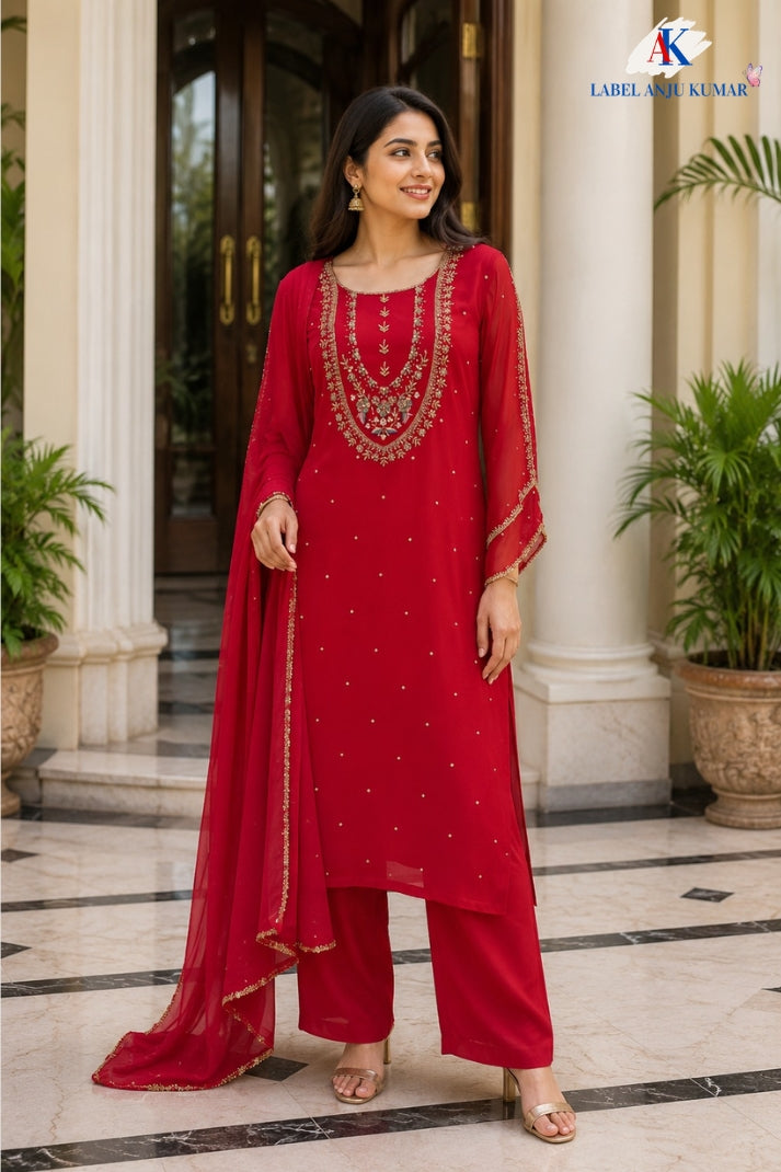 Magenta Pure Georgette Semi-Formal Straight Suit Dupatta Set