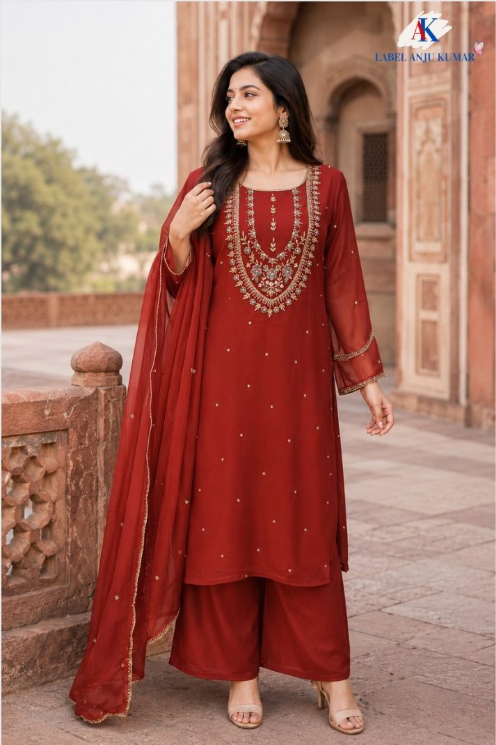 Rust Pure Georgette Straight Suit Dupatta Set with Hand Embroidery
