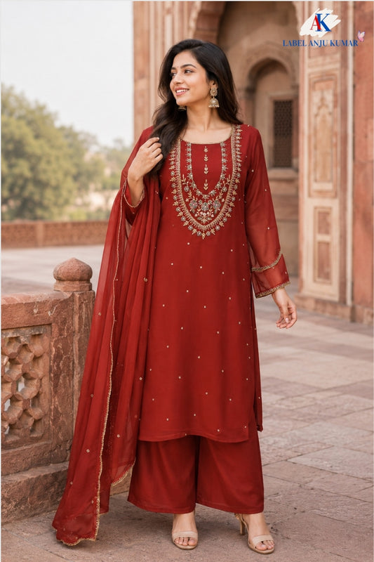 Rust Pure Georgette Straight Suit Dupatta Set with Hand Embroidery