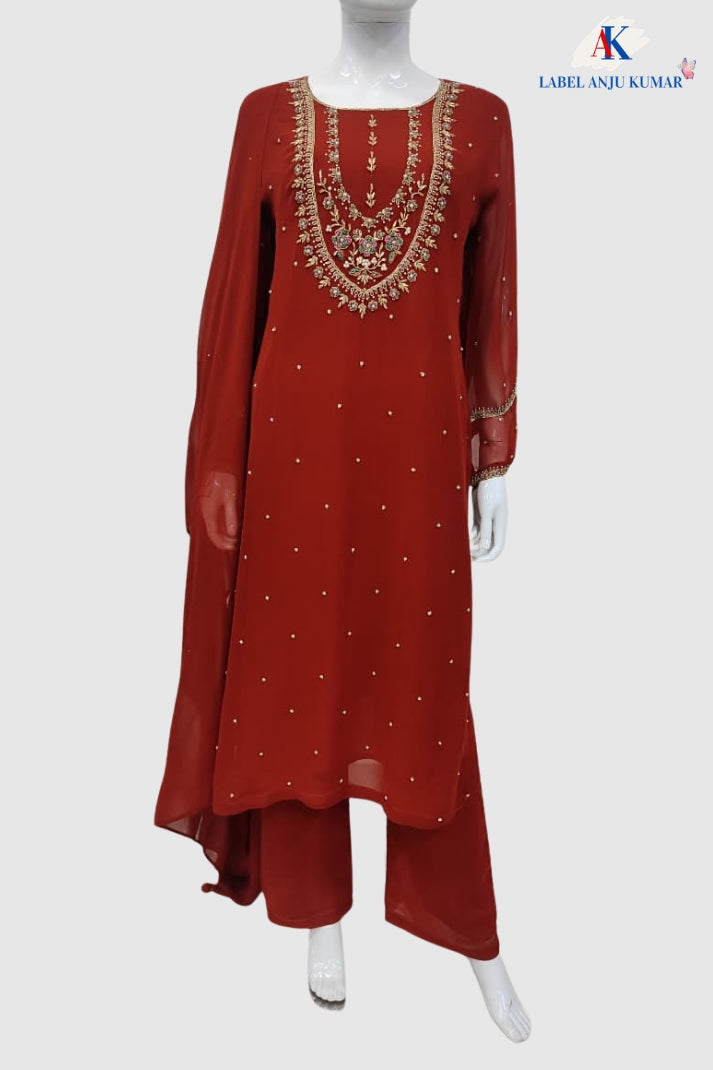 Rust Pure Georgette Straight Suit Dupatta Set with Hand Embroidery