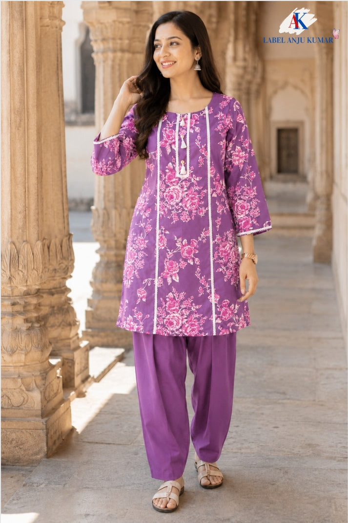 Wine Pure Cotton Printed Farshi Salwar Co-ord Set
