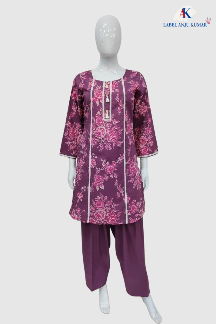 Wine Pure Cotton Printed Farshi Salwar Co-ord Set