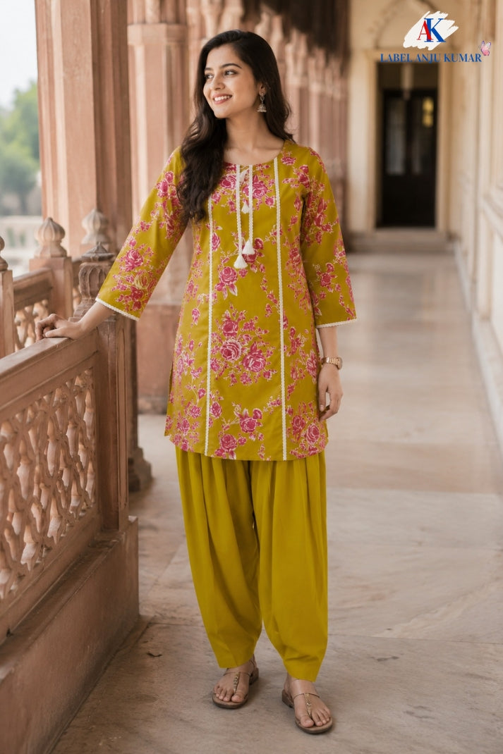 Mustard Pure Cotton Printed Farshi Salwar Co-ord Set with Lace Detailing