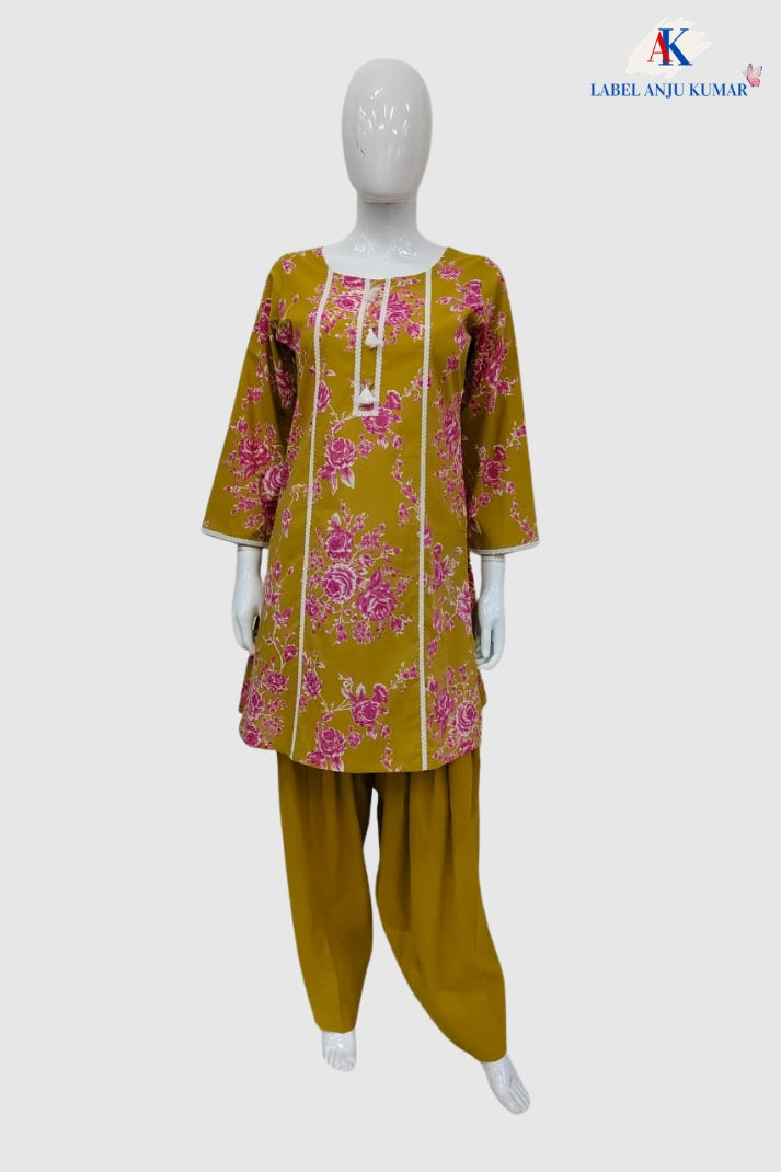 Mustard Pure Cotton Printed Farshi Salwar Co-ord Set with Lace Detailing