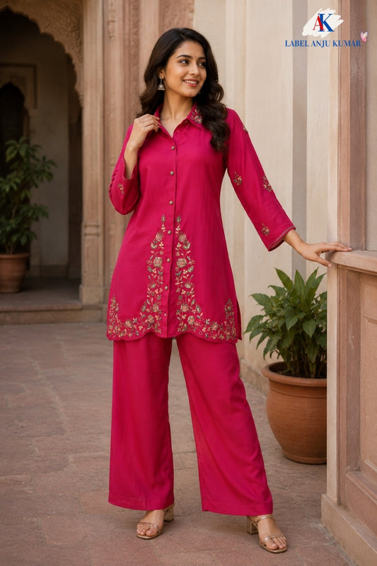 Magenta Pure Chinnon Semi-Formal Co-ord Set with Handwork
