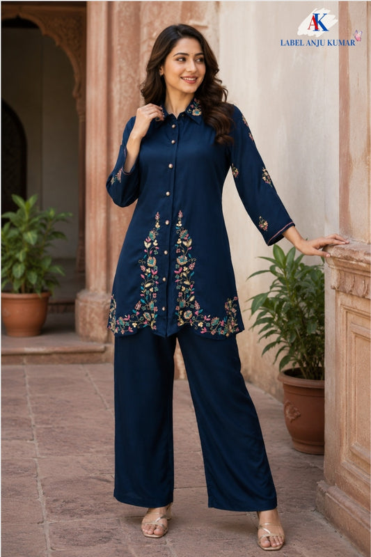 T-Blue Pure Chinnon Semi-Formal Co-ord Set