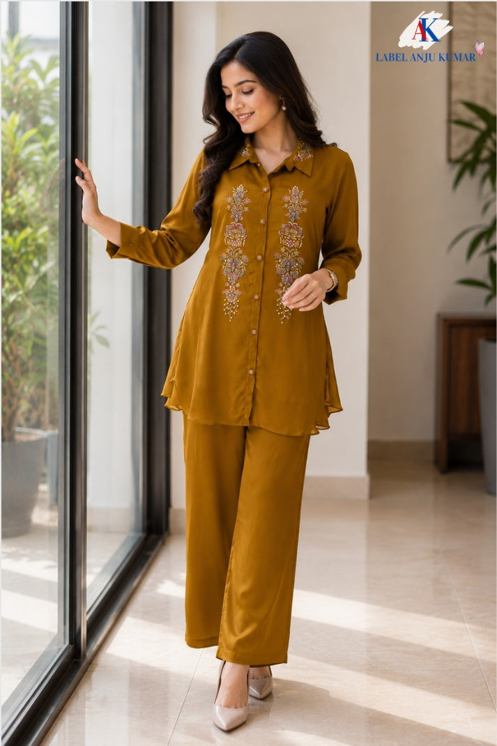 Mustard Pure Chinnon Handworked Semi-Formal Co-ord Set