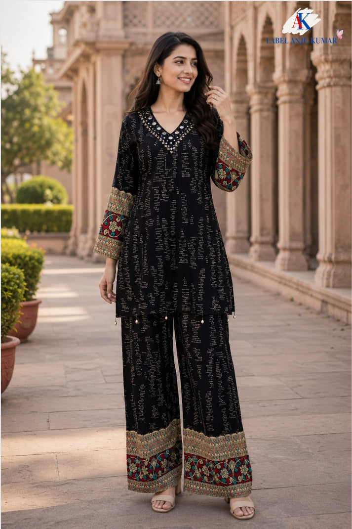 Black Rayon Printed Co-ord Set with Mirror & Bead Work
