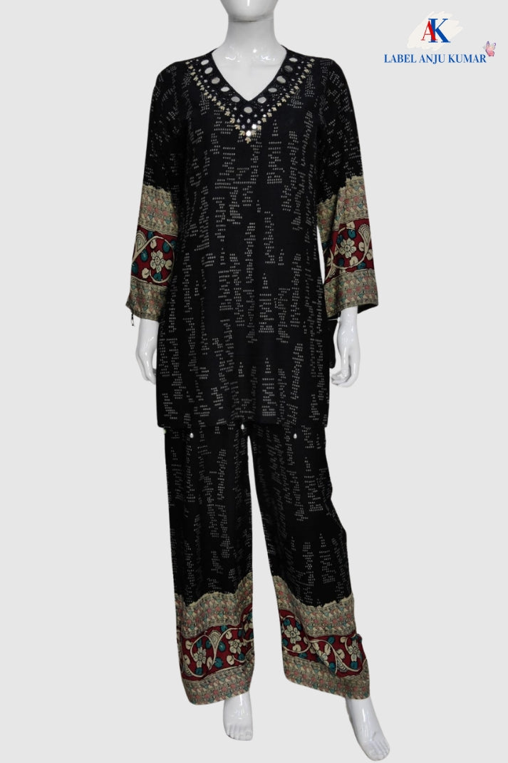Black Rayon Printed Co-ord Set with Mirror & Bead Work