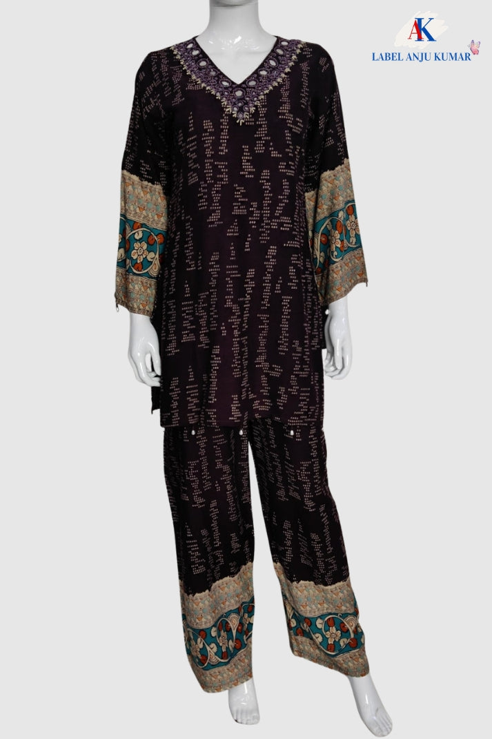 Dark Wine Rayon Printed Co-ord Set with Hand Mirror & Bead Embroidery