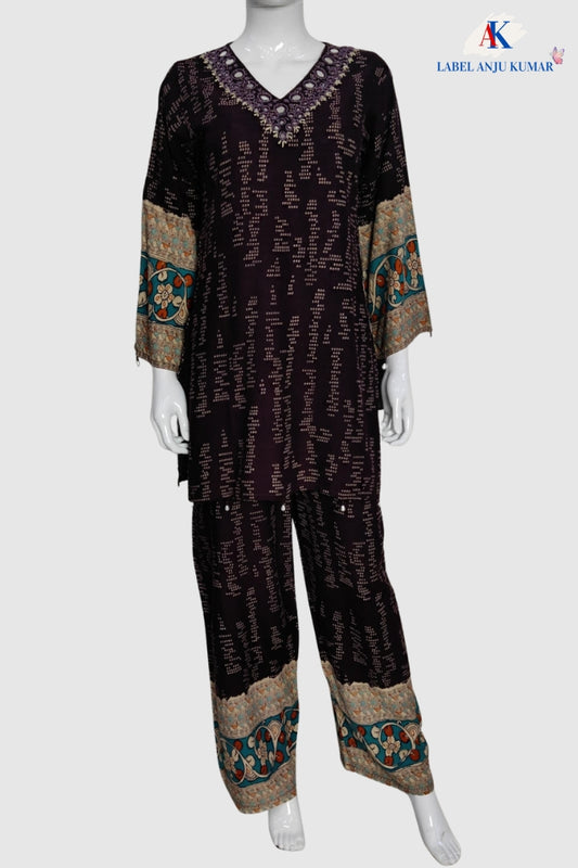 Dark Wine Rayon Printed Co-ord Set with Hand Mirror & Bead Embroidery