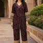Dark Wine Rayon Printed Co-ord Set with Hand Mirror & Bead Embroidery