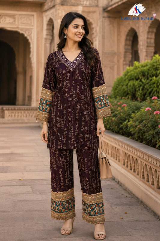 Dark Wine Rayon Printed Co-ord Set with Hand Mirror & Bead Embroidery