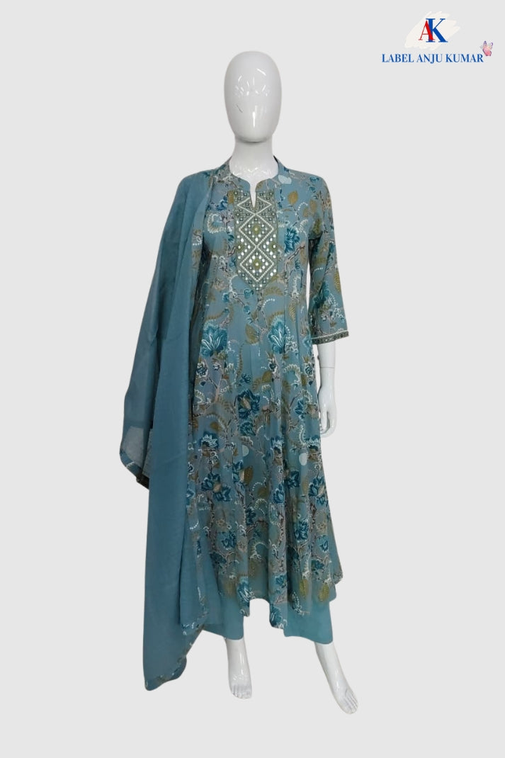 Grey Blue Pure Cotton Embroidered Anarkali Suit Set