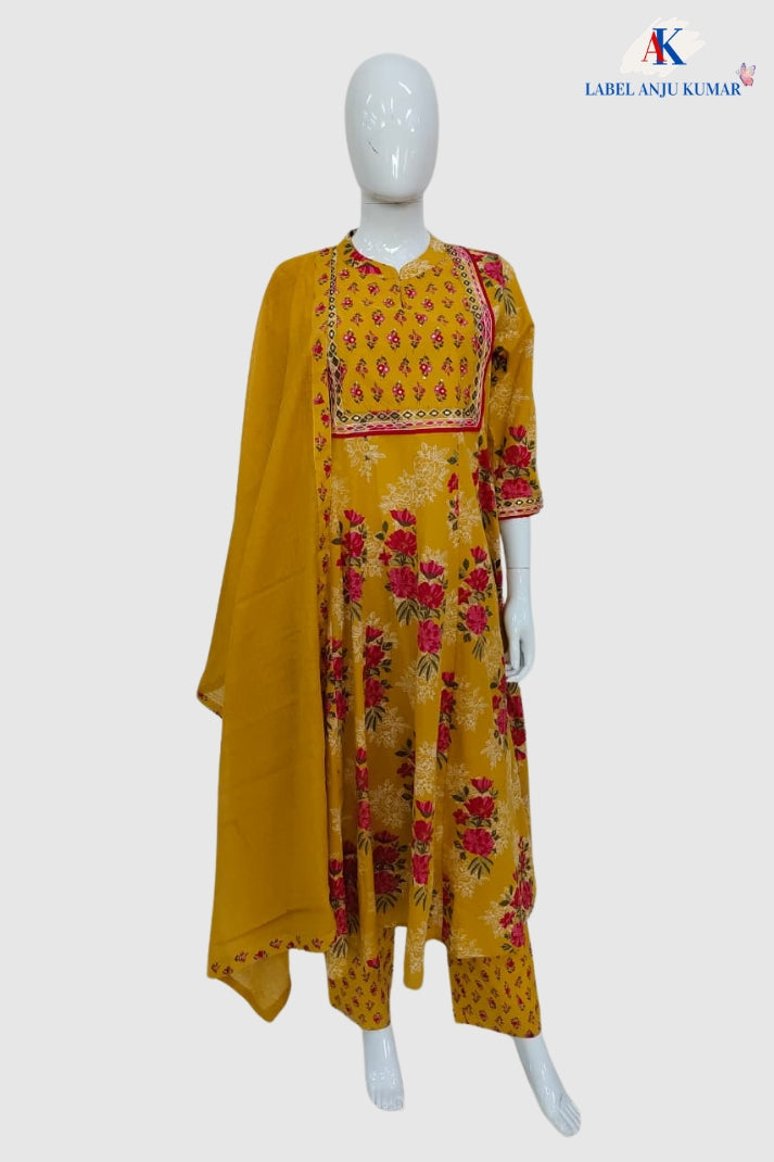 Mustard Pure Cotton Designer Anarkali Suit with Kota Doriya Dupatta