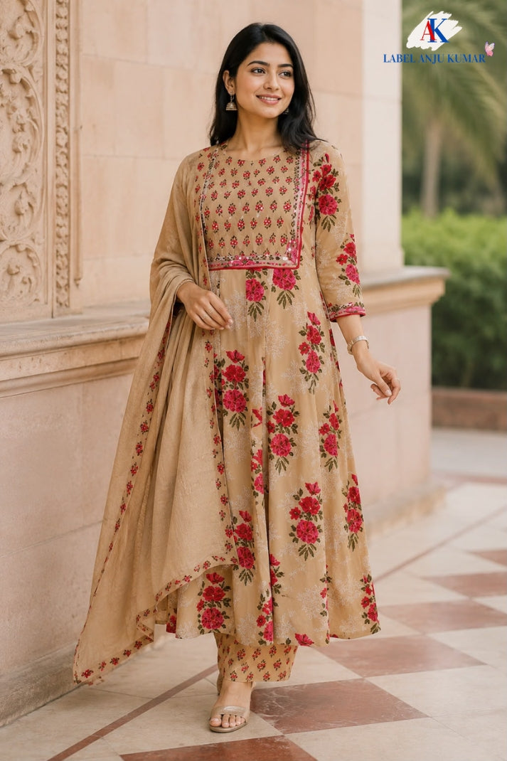 Beige Pure Cotton Anarkali Suit with Embroidery & Kota Doriya Dupatta
