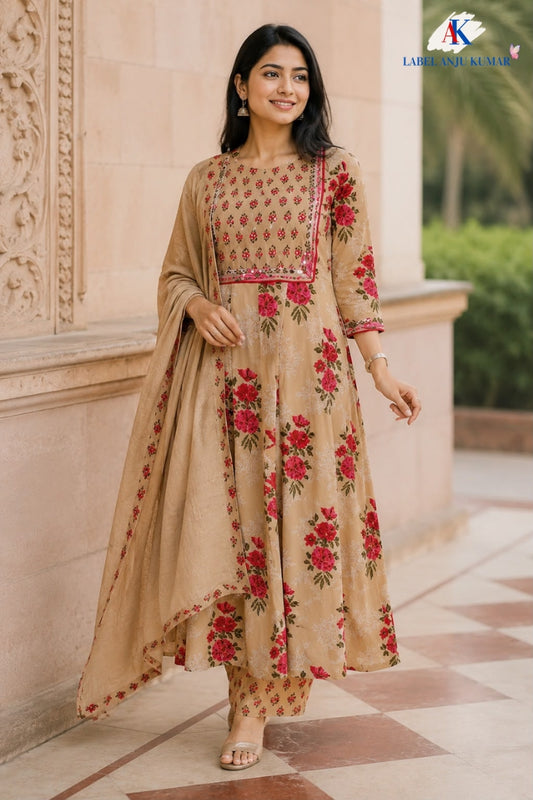 Beige Pure Cotton Anarkali Suit with Embroidery & Kota Doriya Dupatta