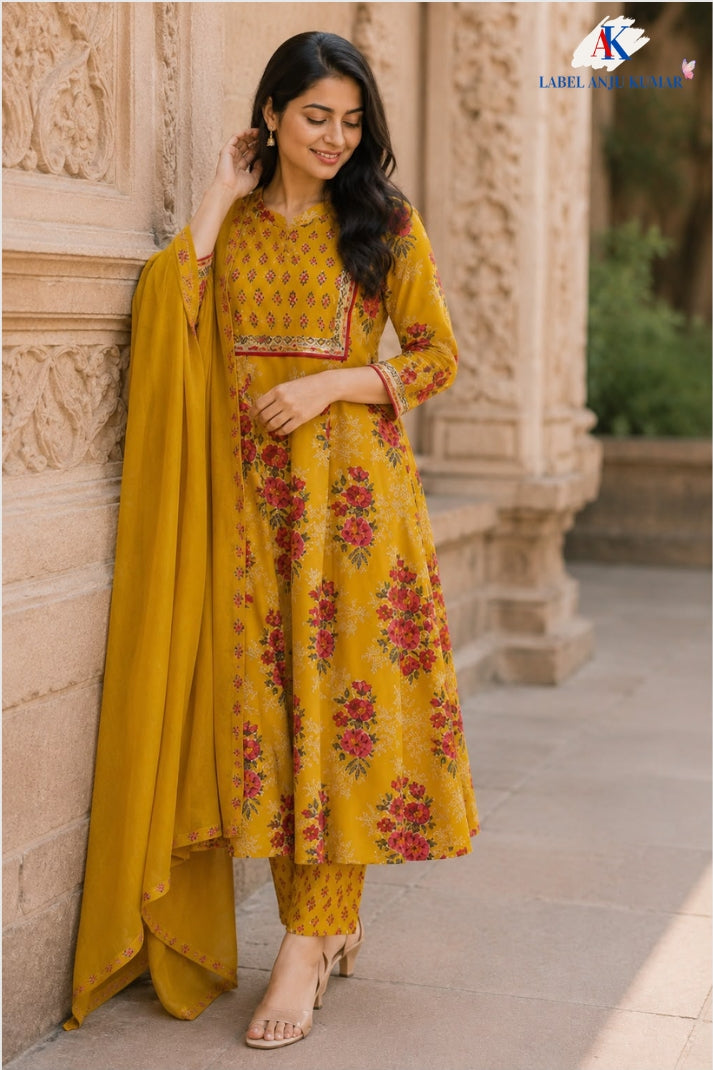 Mustard Pure Cotton Designer Anarkali Suit with Kota Doriya Dupatta