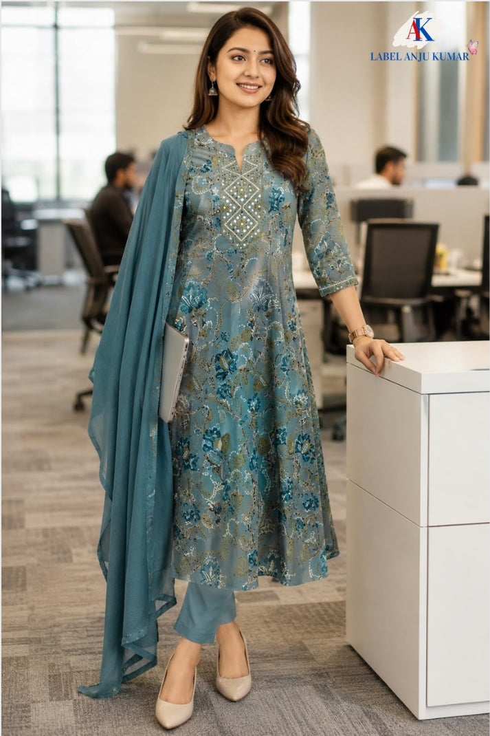 Grey Blue Pure Cotton Embroidered Anarkali Suit Set