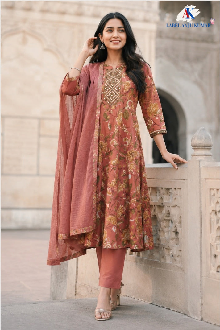 Light Rust Pure Cotton Anarkali Suit with Kota Doriya Dupatta