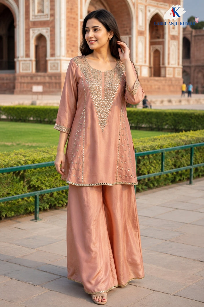 Rust Premium Tissue Semi-Formal Party Wear Co-ord Set with Mirror Work