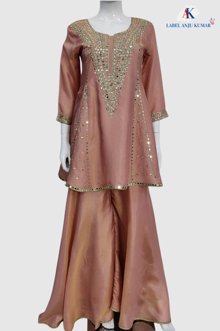 Rust Premium Tissue Semi-Formal Party Wear Co-ord Set with Mirror Work