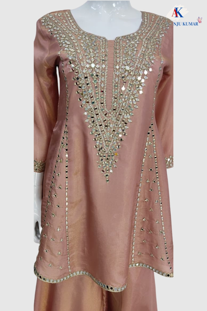 Rust Premium Tissue Semi-Formal Party Wear Co-ord Set with Mirror Work