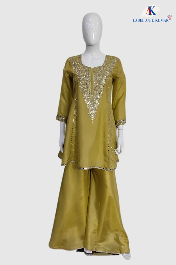 Pista Green Premium Tissue Party Wear Co-ord Set with Mirror Embroidery & Full-Ghera Sharara