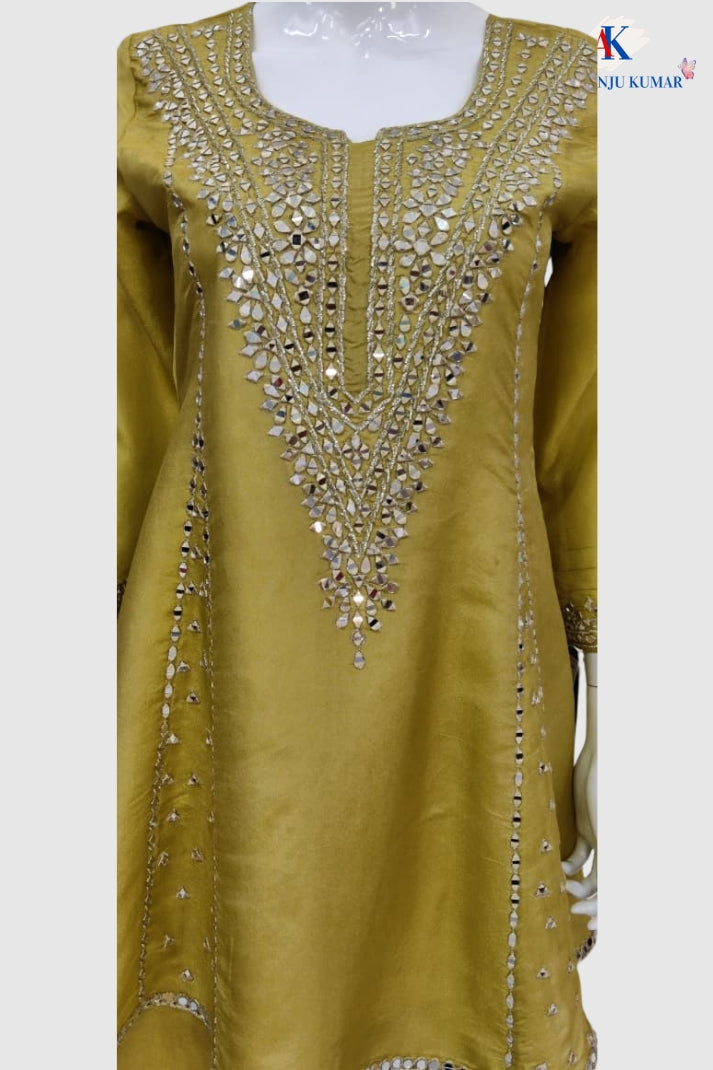 Pista Green Premium Tissue Party Wear Co-ord Set with Mirror Embroidery & Full-Ghera Sharara