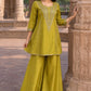 Pista Green Premium Tissue Party Wear Co-ord Set with Mirror Embroidery & Full-Ghera Sharara