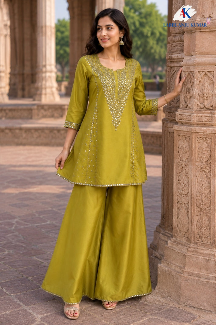 Pista Green Premium Tissue Party Wear Co-ord Set with Mirror Embroidery & Full-Ghera Sharara