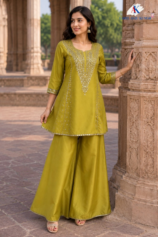 Pista Green Premium Tissue Party Wear Co-ord Set with Mirror Embroidery & Full-Ghera Sharara