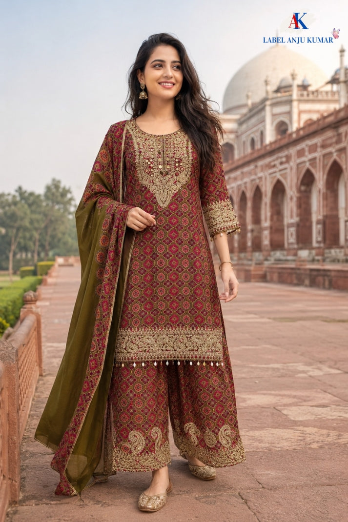 Mehandi Pure Chinnon Semi-Formal Suit with Printed Chinnon Dupatta