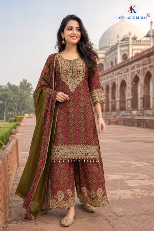 Mehandi Pure Chinnon Semi-Formal Suit with Printed Chinnon Dupatta