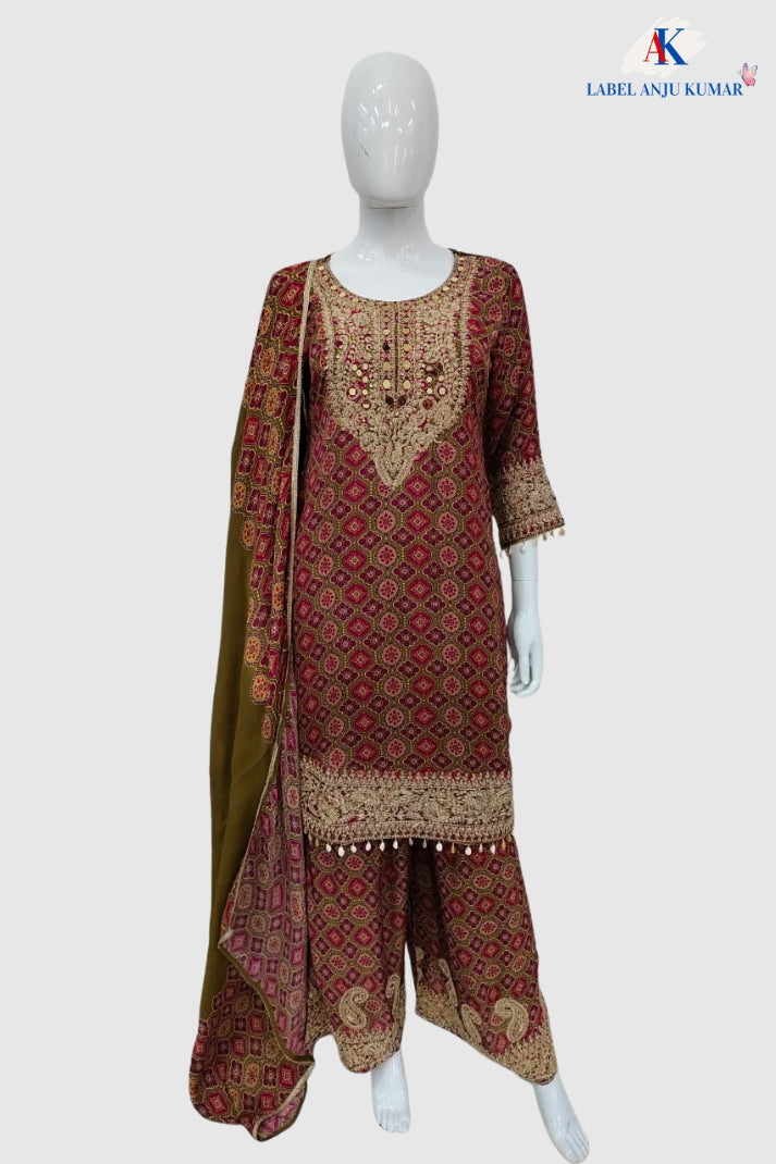 Mehandi Pure Chinnon Semi-Formal Suit with Printed Chinnon Dupatta