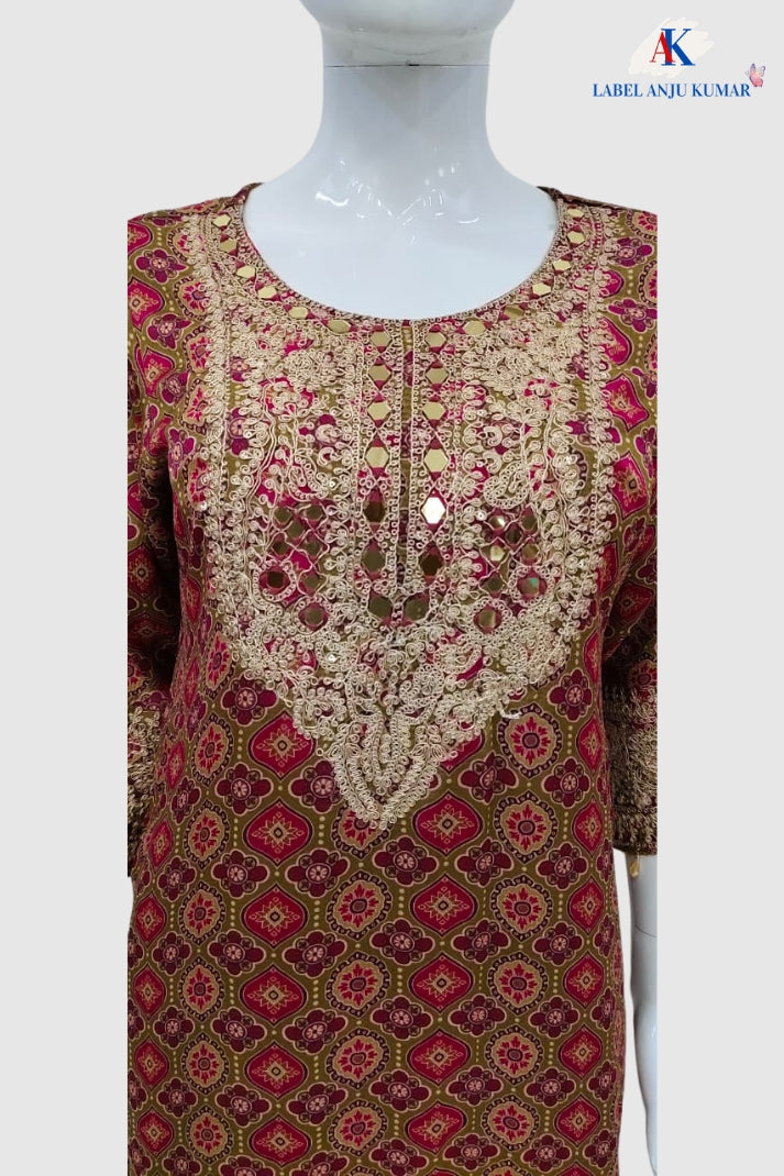 Mehandi Pure Chinnon Semi-Formal Suit with Printed Chinnon Dupatta