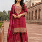 Magenta Pure Chinnon Semi-Formal Suit with Dori & Mirror Work