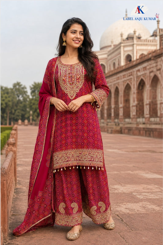 Magenta Pure Chinnon Semi-Formal Suit with Dori & Mirror Work