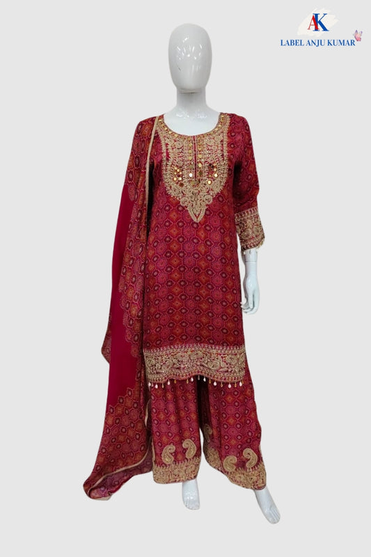 Magenta Pure Chinnon Semi-Formal Suit with Dori & Mirror Work