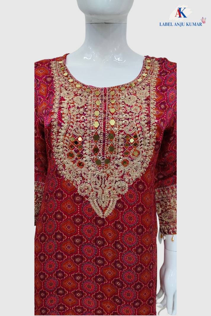 Magenta Pure Chinnon Semi-Formal Suit with Dori & Mirror Work
