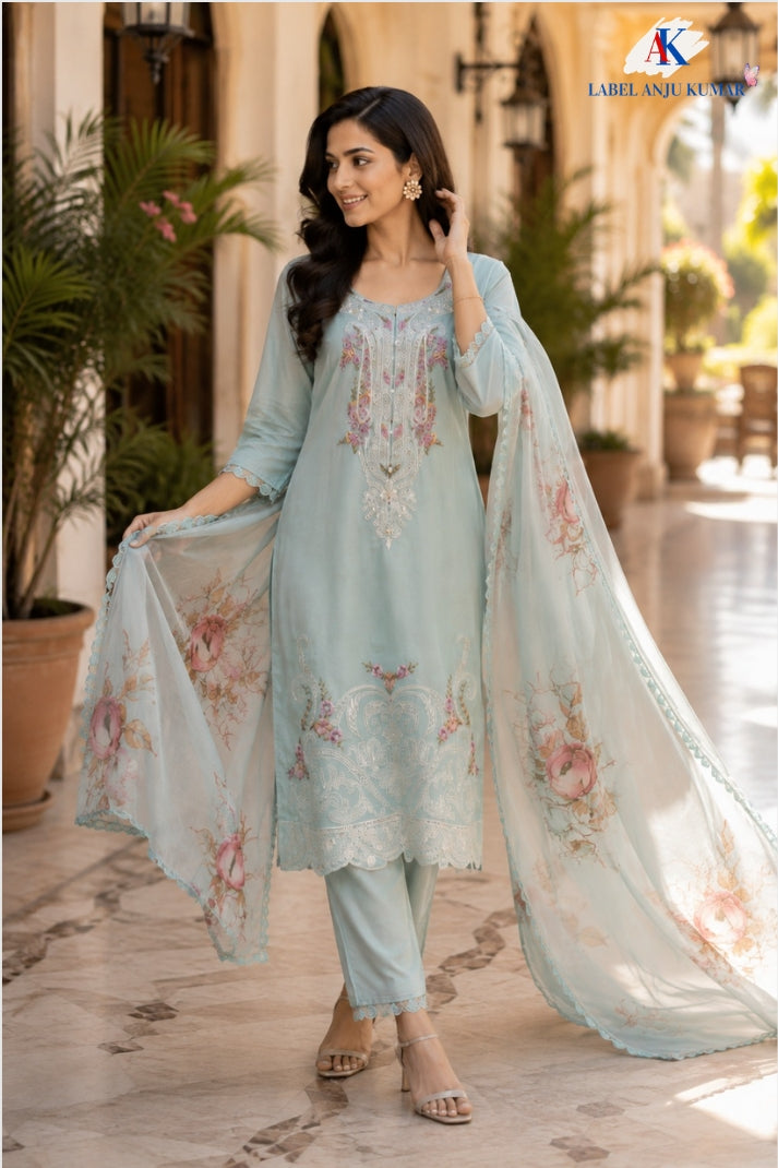 Sky Mal Chanderi Straight Suit Dupatta Set with Thread Embroidery