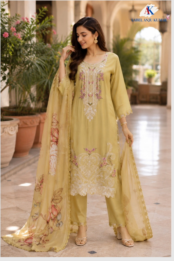 Light Gold Mal Chanderi Embroidered Straight Suit with Dupatta