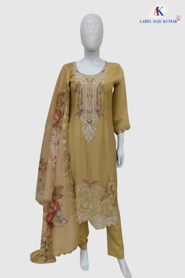 Light Gold Mal Chanderi Embroidered Straight Suit with Dupatta