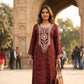 Maroon Pure Muslin Ajrak Print Long One Piece Dress with Mirror Work