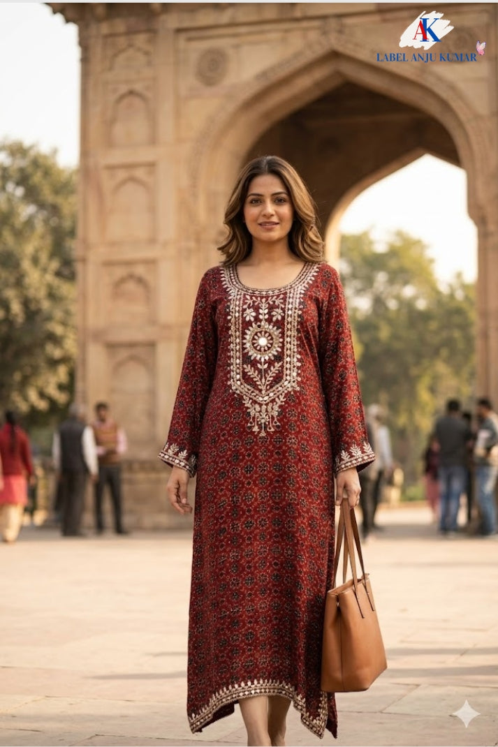 Maroon Pure Muslin Ajrak Print Long One Piece Dress with Mirror Work