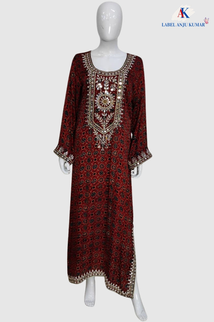 Maroon Pure Muslin Ajrak Print Long One Piece Dress with Mirror Work