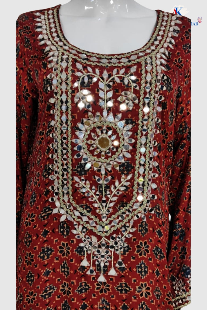 Maroon Pure Muslin Ajrak Print Long One Piece Dress with Mirror Work