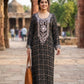 Black Pure Muslin Ajrak Print One Piece Dress with Heavy Mirror Work