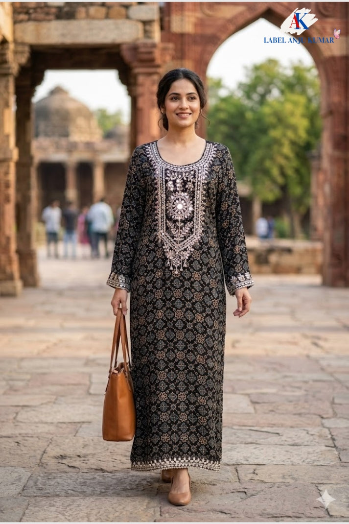 Black Pure Muslin Ajrak Print One Piece Dress with Heavy Mirror Work